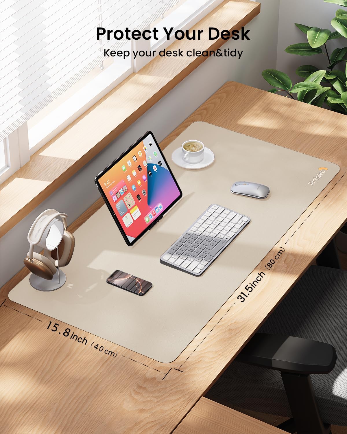 ProtoArc Leather Desk Mat, Large Mouse Pad- 31.5×15.8 inch, Non-Slip PU Leather Desk Pad Protector, Premium Desktop Mat for Computer, Keyboard and Mouse, Milk Tea