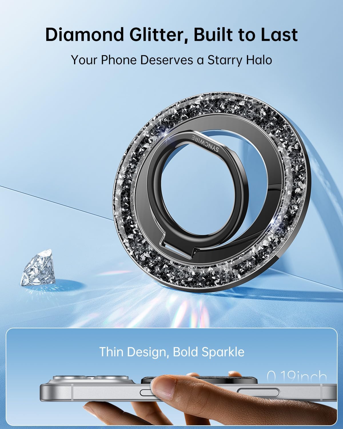 SYNCWIRE Magnetic Phone Ring Holder for MagSafe - Glitter Phone Grip Stand with 360° Rotation & Reinforced Hinge, Compatible with iPhone 16 15 14 13 Pro Max Plus MagSafe Accessories - Glitter Black