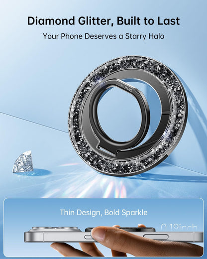 SYNCWIRE Magnetic Phone Ring Holder for MagSafe - Glitter Phone Grip Stand with 360° Rotation & Reinforced Hinge, Compatible with iPhone 16 15 14 13 Pro Max Plus MagSafe Accessories - Glitter Black