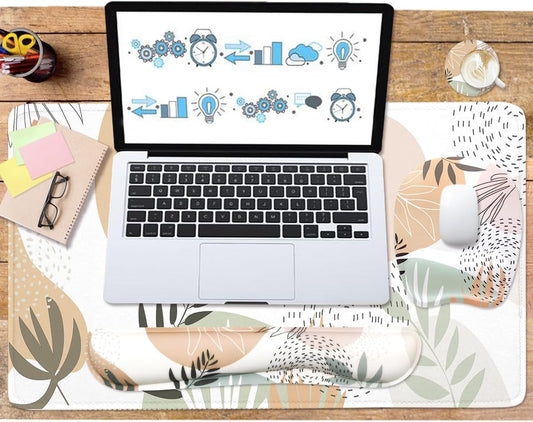 Keyboard Wrist Rest Large Mouse Pad Wrist Support for Computer, 4 in 1 Memory Foam Keyboard Pad Desk Mat Ergonomic Hand Rest Wrist Cushion for Home Office Gaming - Minimalist Plant