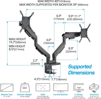 AVLT RGB Lights Dual 17”-43” Gaming Monitor Arm Desk Mount, Fits Two Flat/Curved/Ultrawide Screen up to 44lbs(20kg), Height Swivel Tilt Adjustable Stand - Black