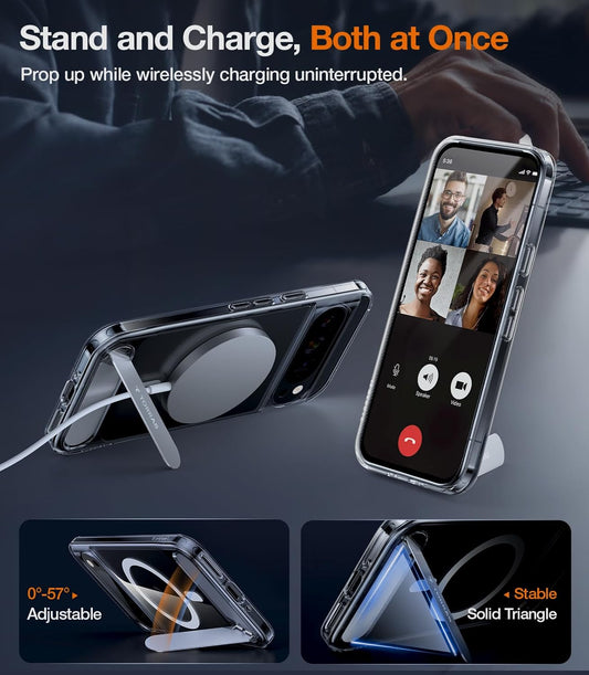 TORRAS Magnetic & Stand for Google Pixel 9 Pro XL Case Clear, Fit for MagSafe, 12FT Mil-Grade Drop Protection, Slim Fit for Google Pixel 9 Pro XL Phone Case with Built-in Kickstand, Diamond Clear