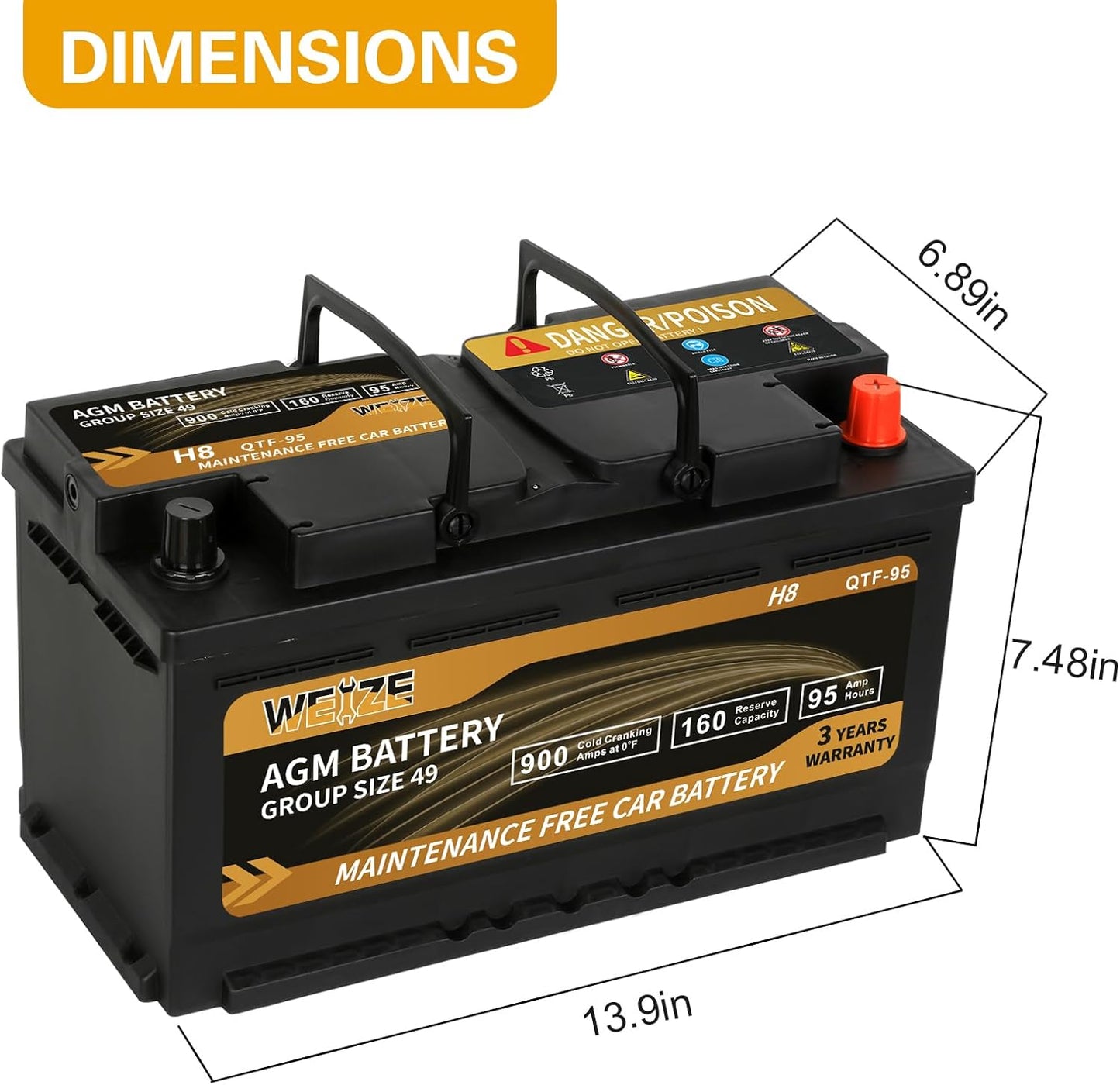 Weize Platinum AGM Battery BCI Group 49-12v 95ah H8 Size 49 Automotive Battery, 160RC, 900CCA, 36 Months Warranty, Dimensions 13.9" L x 6.89" W x 7.48" H