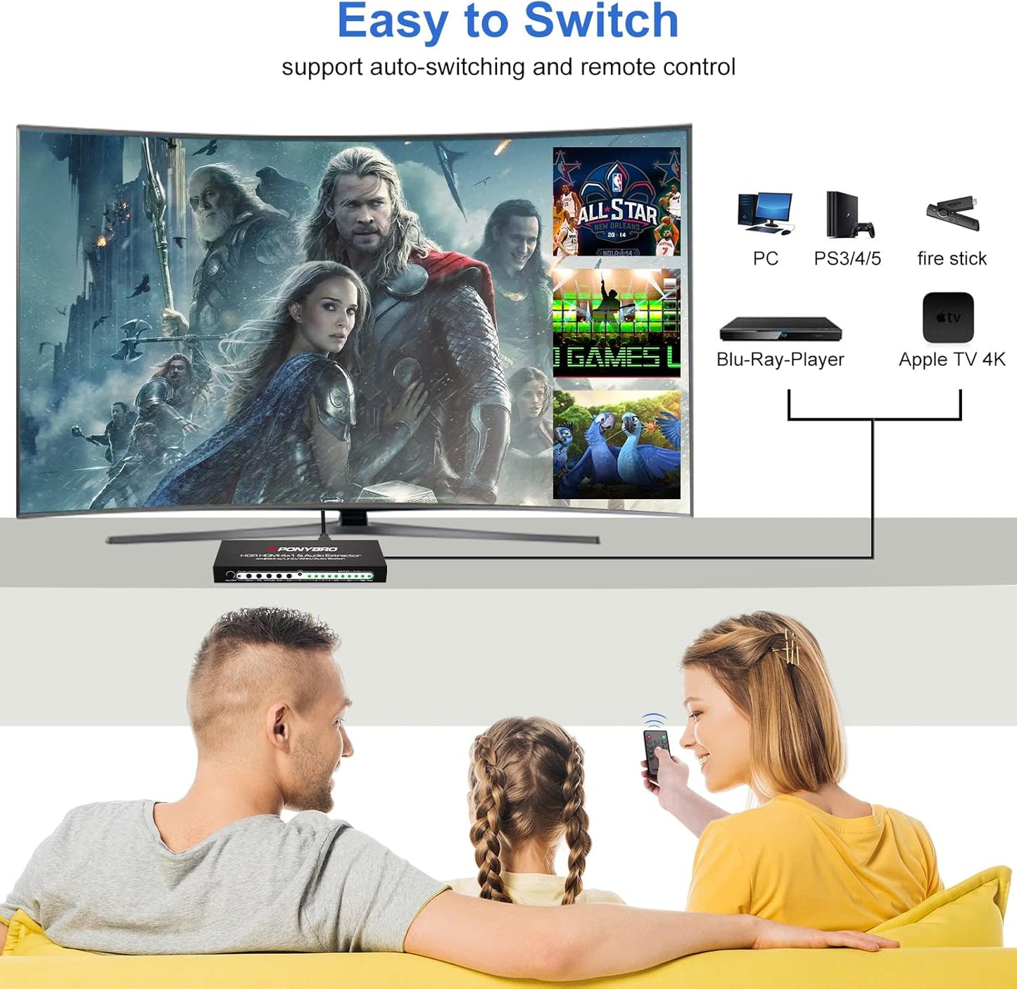 HDMI 2.0 Switch 4 Port with Audio Extractor – 4K@60Hz HDR10, Optical/AUX/ARC Audio Output, Auto-Switching for PS5/Xbox/Soundbar, Dolby Digital & DTS Support, Remote Included.