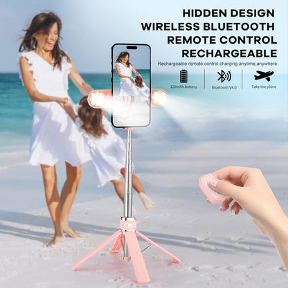 Mini Phone Tripod Stand,MQOUNY 38" Phone Tripod &Selfie Stick with Wireless Rechargeable Remote & Removable Light, Extendable Tripod Stand 360 Rotation Compatible with Phone&Android (MEI-Pink)