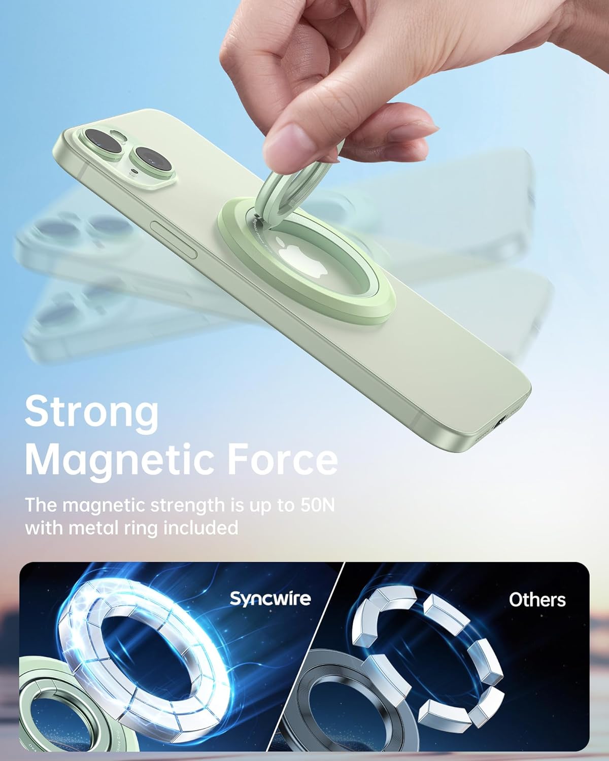 SYNCWIRE Magnetic Phone Ring Holder for MagSafe, 360° Rotation Dual Sided Magnet Grip Cell Phone Ring Stand Finger Kickstand Compatible with iPhone 16 15 14 13 12 Pro Max fits MagSafe - Green