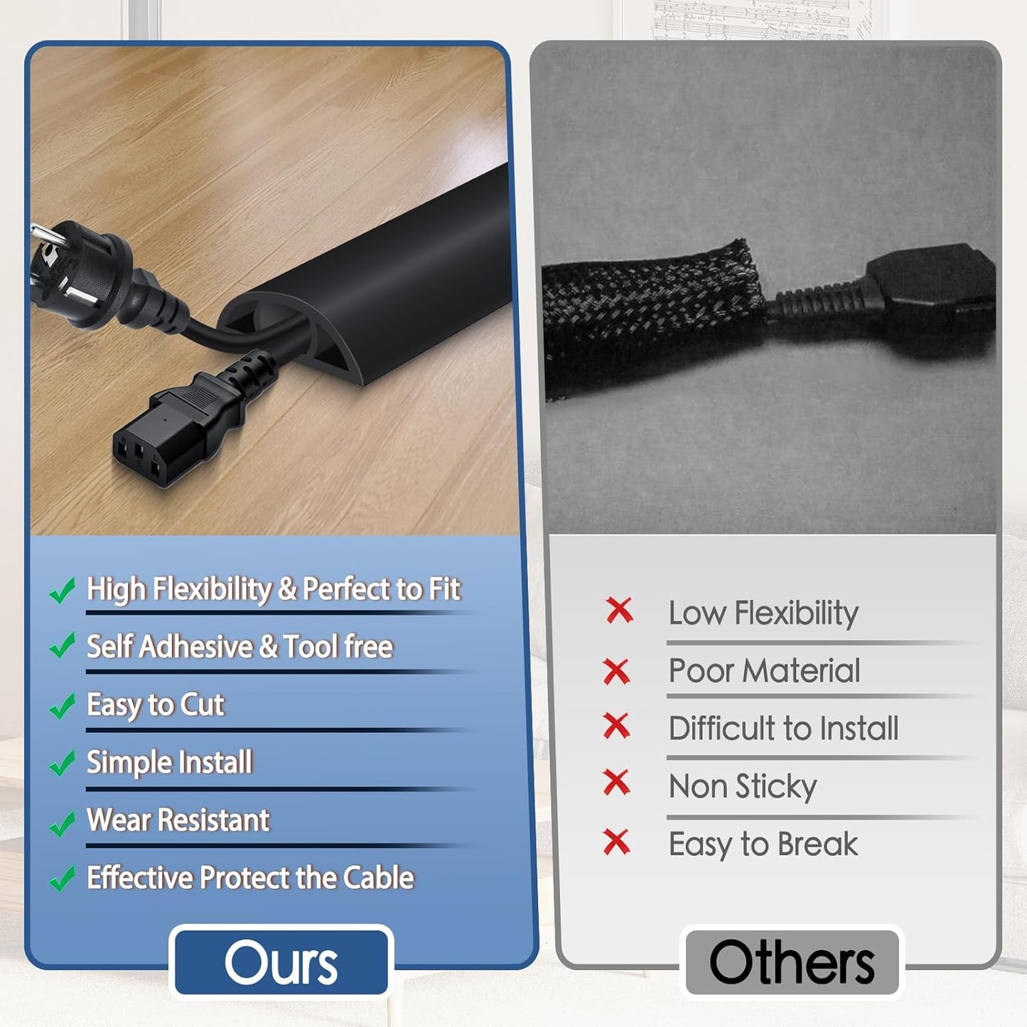 Floor Cord Cover for Wires on Floor Self Adhesive Cord Hider Floor Cable Management Wire Covers for Cords Protector Prevent Cable Trips Cord Cavity W 0.59" x H 0.31", Black, 20Ft