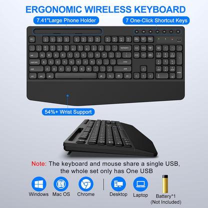 EDJO Wireless Keyboard and Mouse Combo, Full-Size Ergonomic Wireless Computer Keyboard with Wrist Rest, Phone Holder, Sleep Mode, Comfortable Natural Typing Set for Windows, Laptop, Mac, PC
