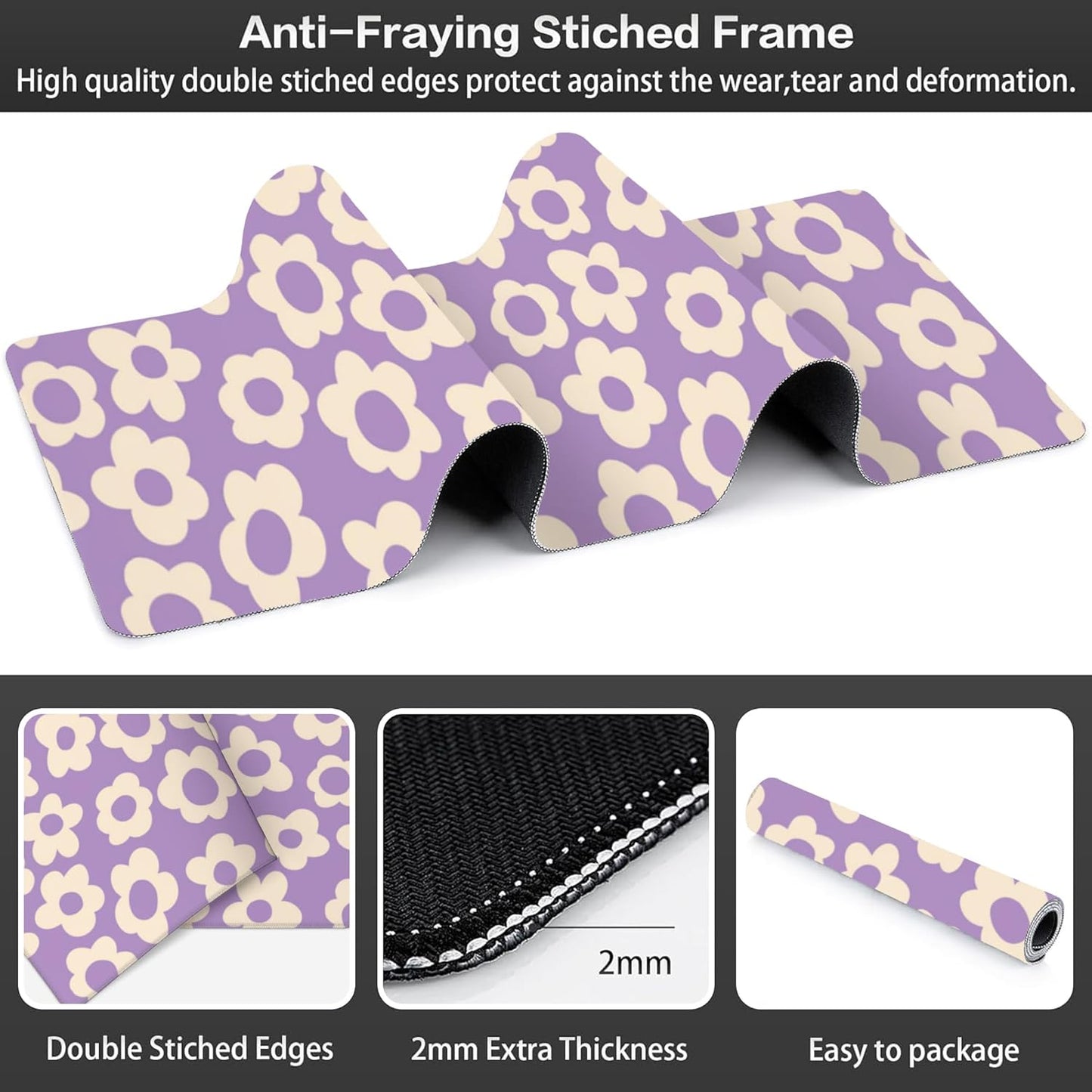 Purple Groovy Flowers Desk Mat,Large Vintage Floral Gaming Keyboard Mouse Pad,Non-Slip Rubber Base Desk Pad Thick Stitched Edges Waterproof Mousepad Mouse Mat 31.5"x11.8"