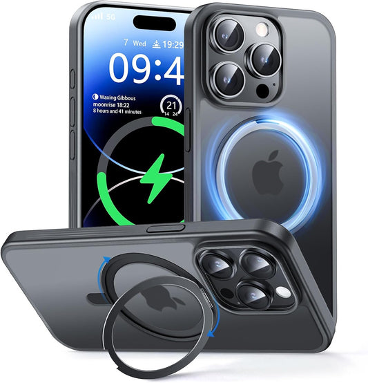 MAGIC JOHN 360° Rotatable Magnetic Invisible Stand for iPhone 15 Pro Max Case [Anti-Slip Grip] [Compatible with MagSafe] 16FT Shockproof for iPhone 15 Pro Max Case with Kickstand, Black