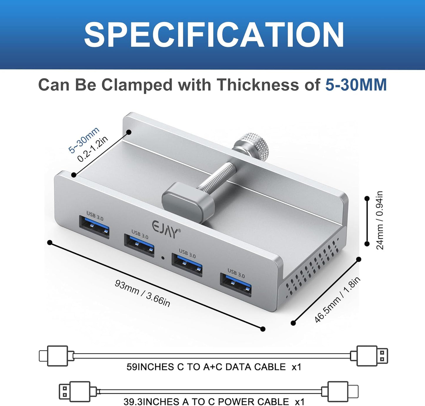 USB HUB3.0,Clamp USB HUB,Aluminum 4-Port USB Adapter with Extra Power Supply Port and 2pcs Long Cable(59inches Data & 39inches Power Cables) for iMac,Laptop,MacBook Pro,Dell,Xbox,HDD/U Disk etc