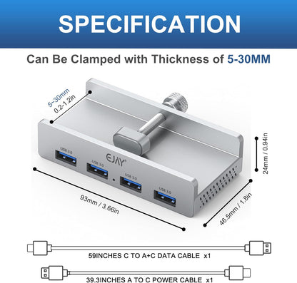 USB HUB3.0,Clamp USB HUB,Aluminum 4-Port USB Adapter with Extra Power Supply Port and 2pcs Long Cable(59inches Data & 39inches Power Cables) for iMac,Laptop,MacBook Pro,Dell,Xbox,HDD/U Disk etc