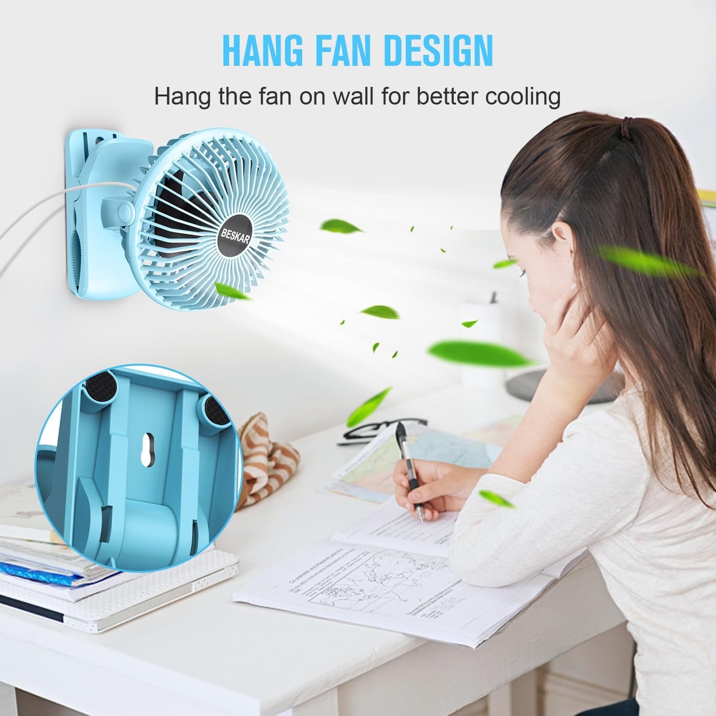 BESKAR Clip on Fan, Portable Small Desk Fans with Strong Airflow, 3 Speeds with Personal Fans Sturdy Clamp, Quiet Desk Fan & Clip Fan with USB Cord Powered - No Battery