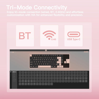 KEEBMONKEY WOBKEY Rainy 75 CNC Aluminum HMX/JWK/Cocoa Switches Triple-Mode Connectivity Mechanical Keyboard with Superior Acoustics, RGB/FR4/Silver SUS304/7000mAh/Cocoa Switch (Pro - Pink)