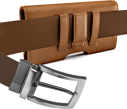 PiTau Holster for Samsung Galaxy Ultra S25 S24 S23 S22 S21 S20 A73 A54 A53, Phone Belt Clip Holder Case for Google Pixel Pro XL 9 8 7 6 4 3, Men's Big Cellphone ID Card Carrying Pouch, Brown X-Large