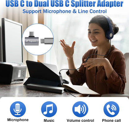 Dual USB C Headphone and Charger Adapter Splitter, 2-in-1 Type C to USB-C Audio Adapter with PD 60W Fast Charge, Type-C Splitter Dongle Converter for iPhone 16 Series, Galaxy S24/23, iPad Pro, Pixel 8