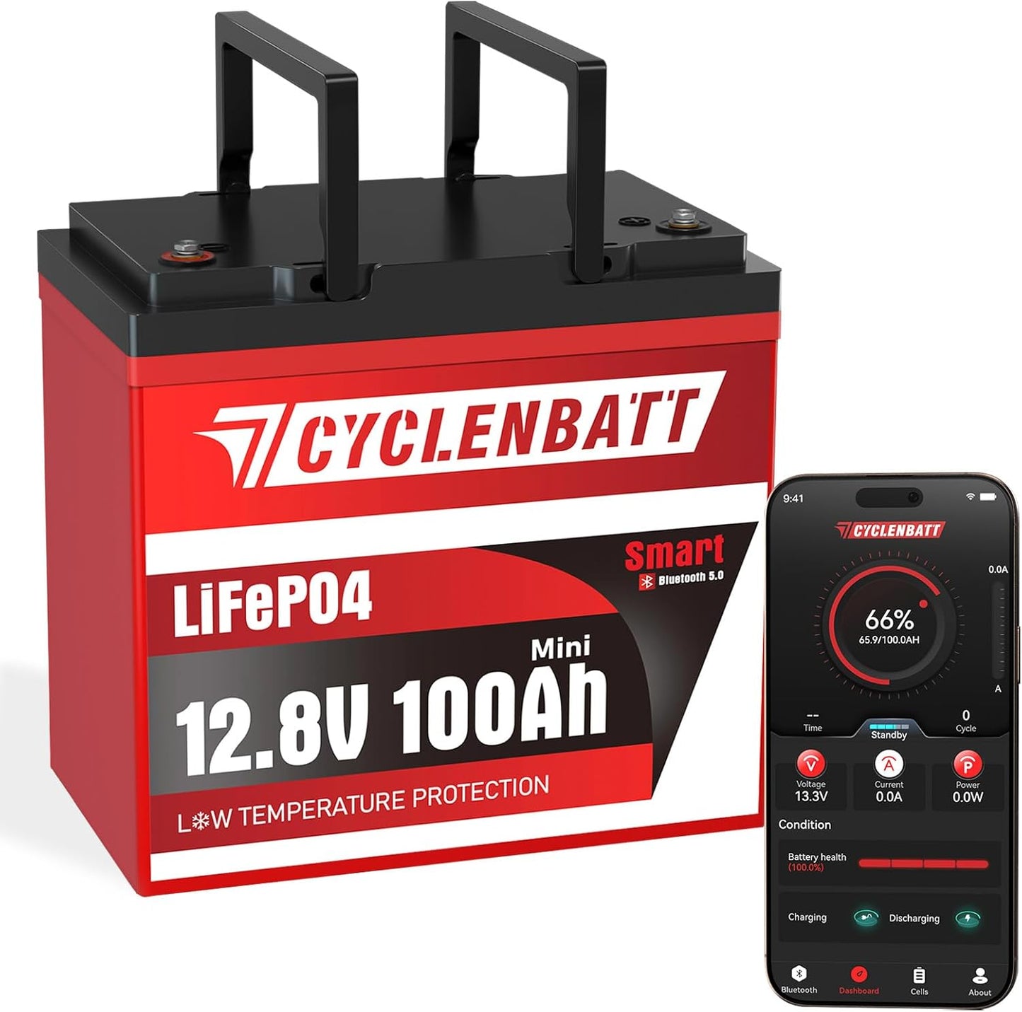 12V 100Ah Mini Bluetooth LiFePO4 Battery, 12 Volt Lithium Battery Bulit in 100A Smart BMS with Low-Temp Protection, 100Ah Lithium Battery Great for Marine, Trolling Motor, RV, Camper, Solar