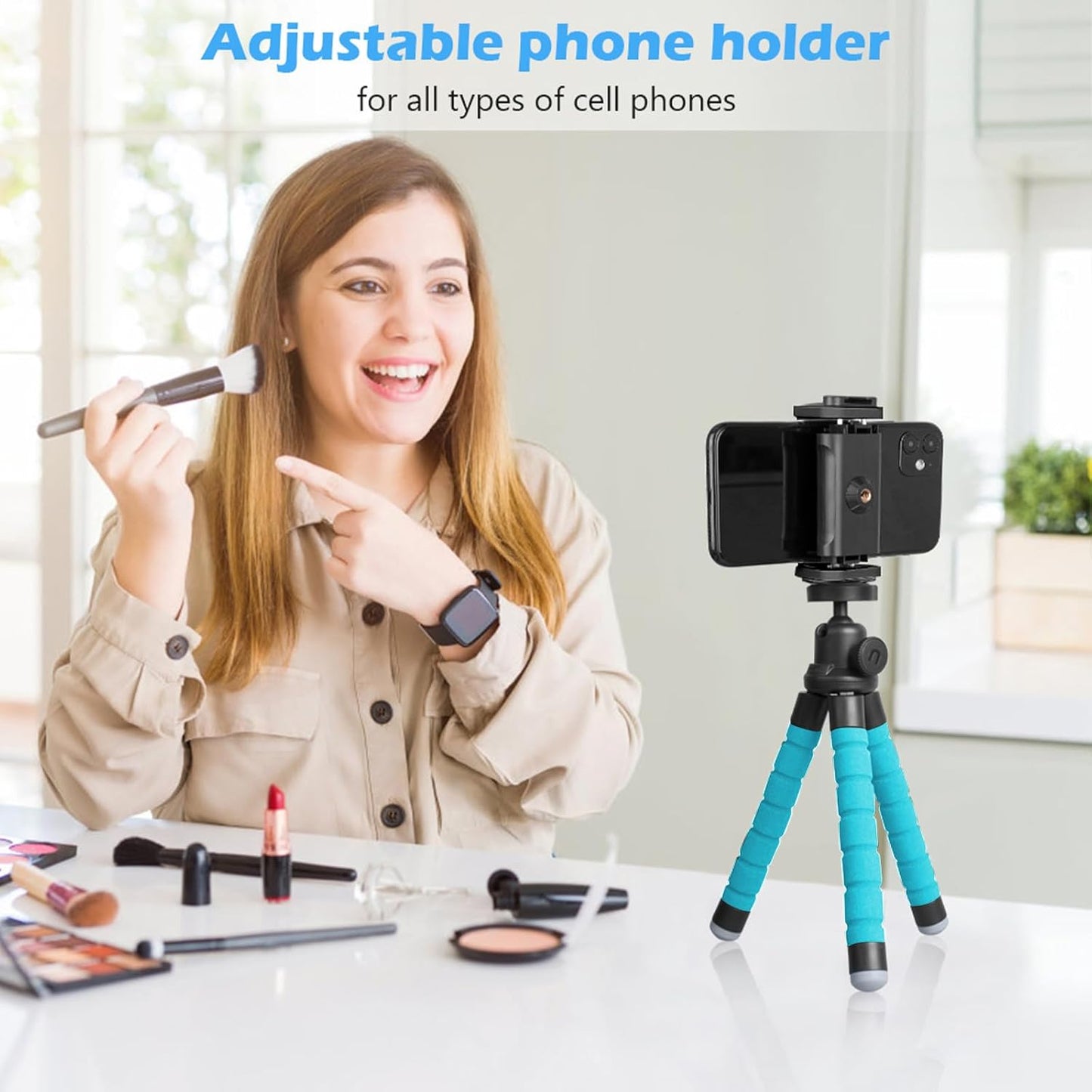 Ubeesize Portable Tripod Stand with Wireless Remote & Clip, Flexible Phone Holder for Video Recording (Blue)