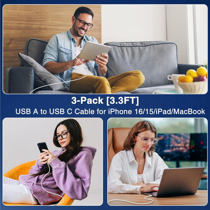 Car Carplay Cable USB to USB C Cable for iPhone 16 15 Pro Plus Pro Max，3-Pack 3.3FT USB A to USB C Cable for iPad Pro/Air/Mini，for Samsung S24/S23/S22/S21，for MacBook Pro/Air and More