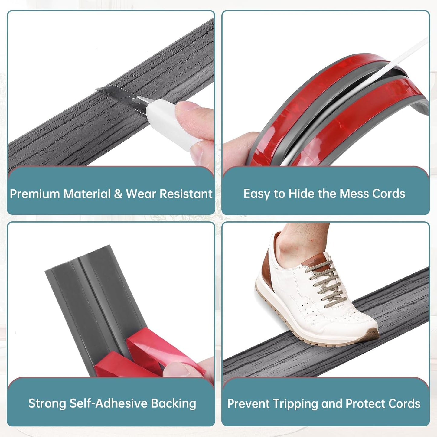 Floor Cord Cover Self Adhesive Cord Hider Floor Extension Cord Covers for Floor Power Cord Protector Cable Management Prevent Cable Trips Cable Cavity 0.51" W x 0.31" H (Deep Grey Wood, 10Ft)