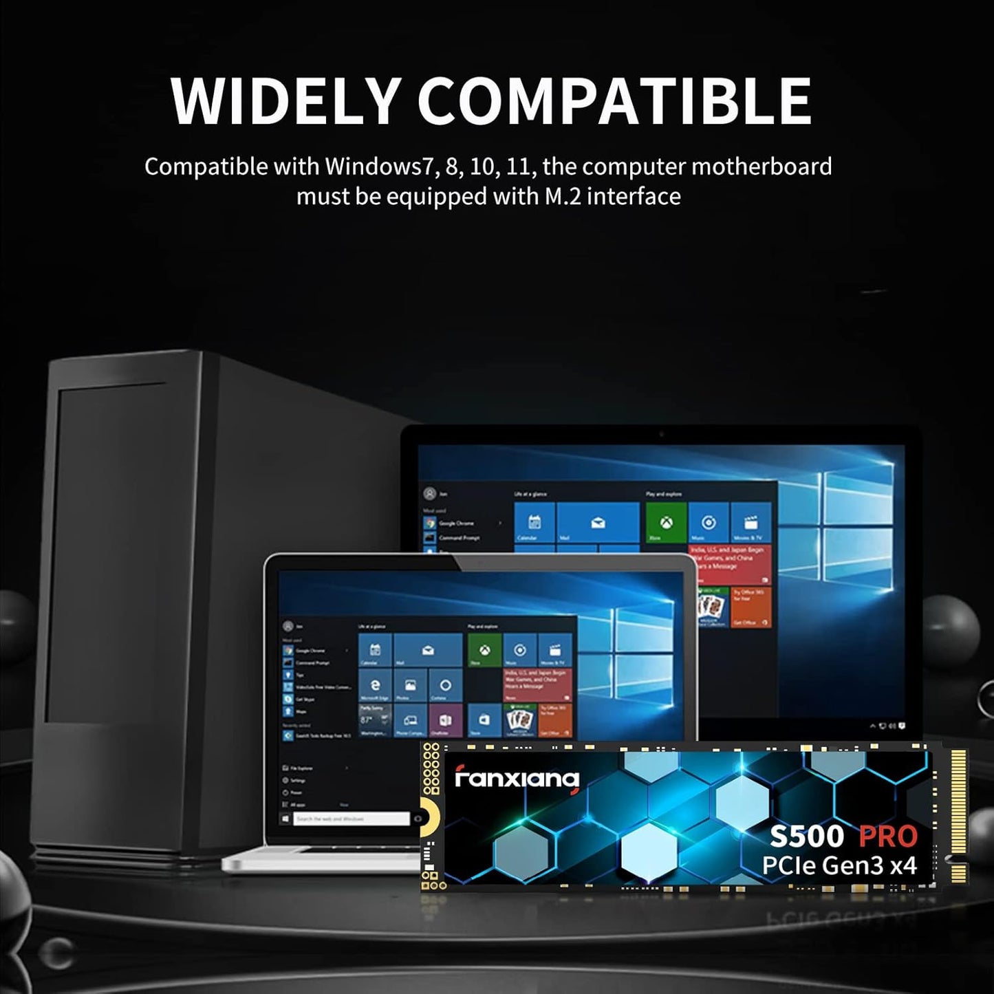 S500 Pro 1TB NVMe SSD M.2 PCIe Gen3x4 2280 Internal Solid State Drive, SLC Cache 3D NAND TLC, Up to 3200MB/s, Compatible with Laptop and PC Desktops(Black)