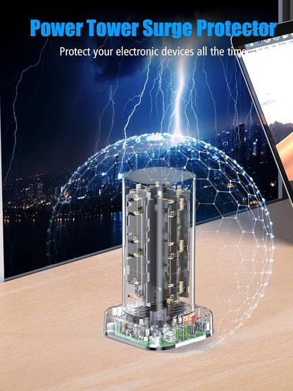 Flat Plug Power Strip Tower Surge Protector, 10FT Flat Extension Cord with Multiple Outlets, 12 AC Outlets, 4 USB Ports (2 USB C) Charging Station for Office Home Dorm Room Travel (Black)