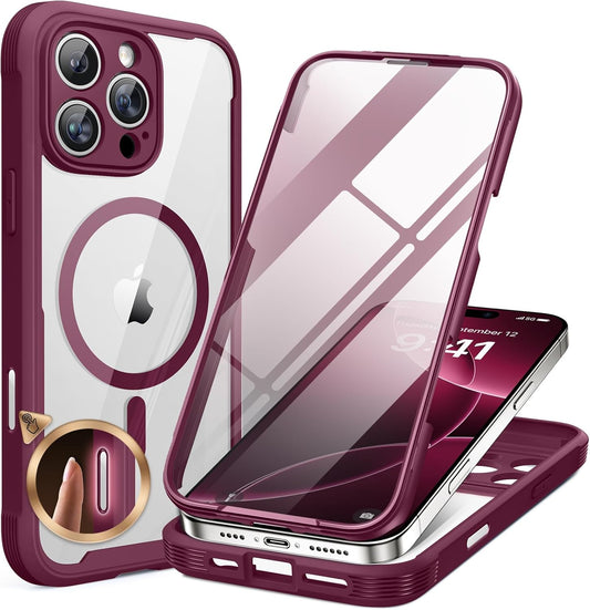 Miracase Magnetic for iPhone 16 Pro Case Full-Body Phone with Built-in Glass Screen Protector, [Compatible with MagSafe] Military Drop Proof 16 Pro Cover Bumper 6.3 inch, Plum