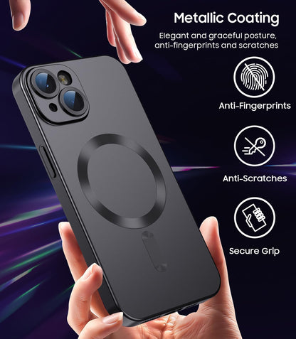 Magnetic for iPhone 15 Case [Compatible with MagSafe][Built-in Camera Lens Protector] Slim Soft Silicone Bumper Shockproof Metallic Shine Phone Case (Black)