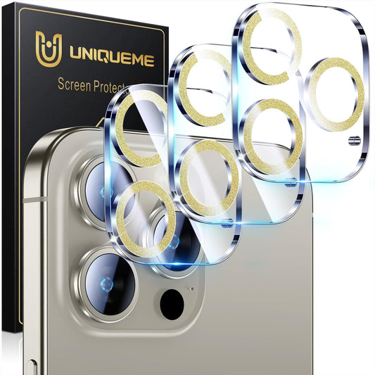 UniqueMe for 3 Pack iPhone 15 Pro/iPhone 15 Pro Max Camera Lens Protector, [Drop Protection] [Case Friendly] 9H Tempered Glass Camera Cover Screen [Update New Version] - Glitter Golden