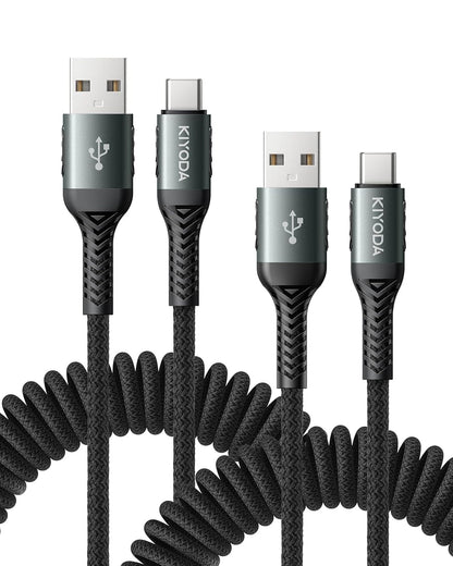 USB C Cable 3FT, 2Pack Coiled Braided USB A to Type C Charger Cable for Car 66W Fast Charging Cord Compatible with iPhone 16 15, iPad, Samsung Galaxy, Google Pixel, Moto, TCL, LG Phones and More