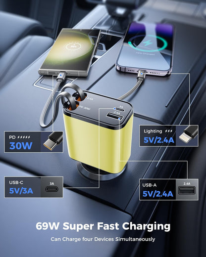 [2024 Upgraded] 4 in 1 Retractable Car Charger, SUPERONE Smaller Fast Car Phone Charger 69W with Cord, USB C and iPhone Car Charger Adapter, Compatible iPhone 15/15 Pro Max/14/13/12/11, Sumsung