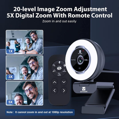Zoomable Webcam with Remote Control, 1080P 60FPS Streaming Webcam with Adjustable Ring Light and Tripod, Pro USB 5X Digital Zoom Webcam for Zoom/Skype Teams/Laptop/Mac Windows