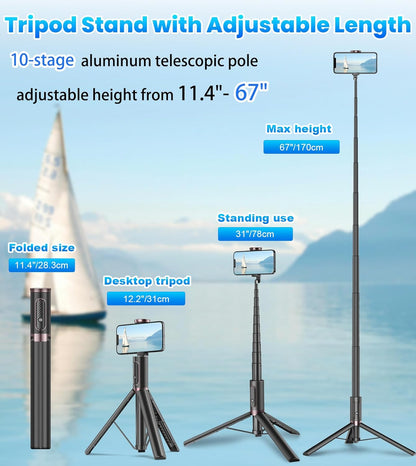 TONEOF 67" Cell Phone Selfie Stick Tripod,Smartphone Stand All-in-1 with Integrated Wireless Remote,Portable,Lightweight,Extendable for iPhone/Android(Black)