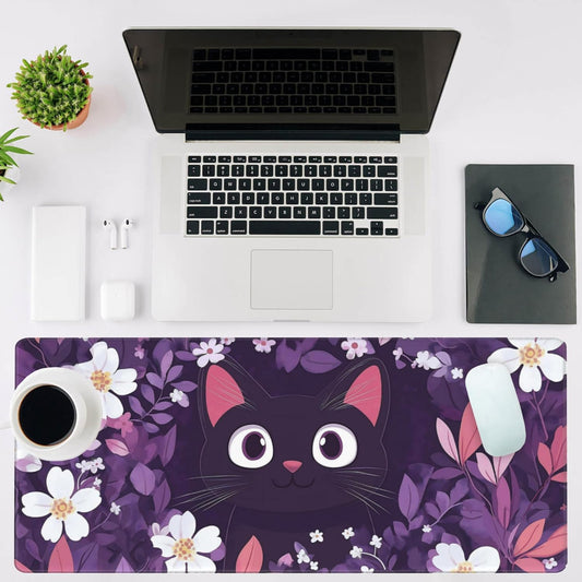 Mouse Pad Large Cat Hiding in The Floral Non-Slip Game Desk Mat with Stitched Edge Laptop Keyboard Desk Pad for Work Home Gaming (35.4 x 15.7 Inches)