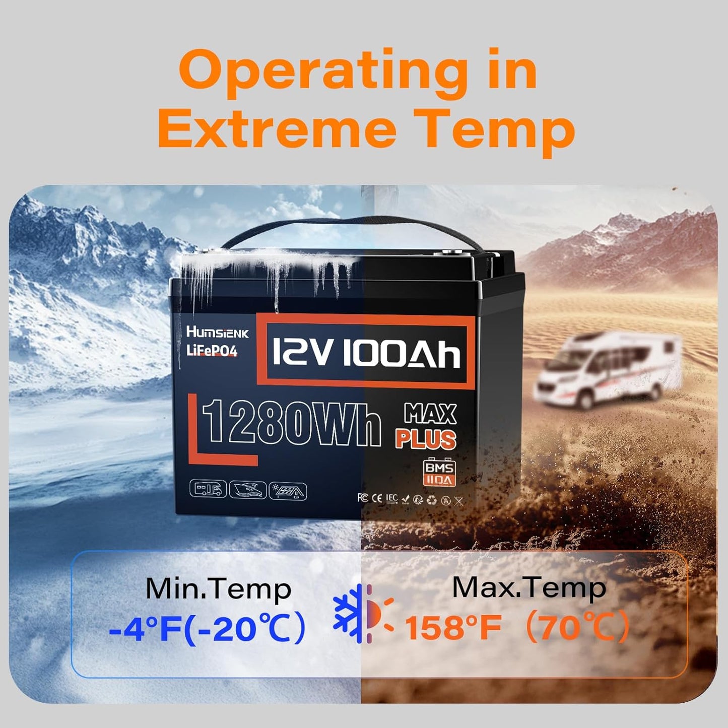 12V 100Ah LiFePO4 Lithium Battery MAX PLUS, 15000+ Deep Cycle Battery, Built-in 110A BMS with Low-Temp Protection, Ideal for RV, Marine, Trolling Motors, Off Grid etc.