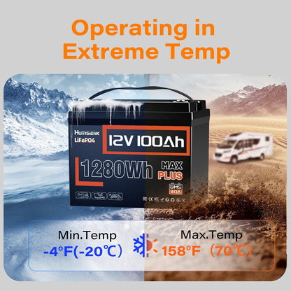 12V 100Ah LiFePO4 Lithium Battery MAX PLUS, 15000+ Deep Cycle Battery, Built-in 110A BMS with Low-Temp Protection, Ideal for RV, Marine, Trolling Motors, Off Grid etc.