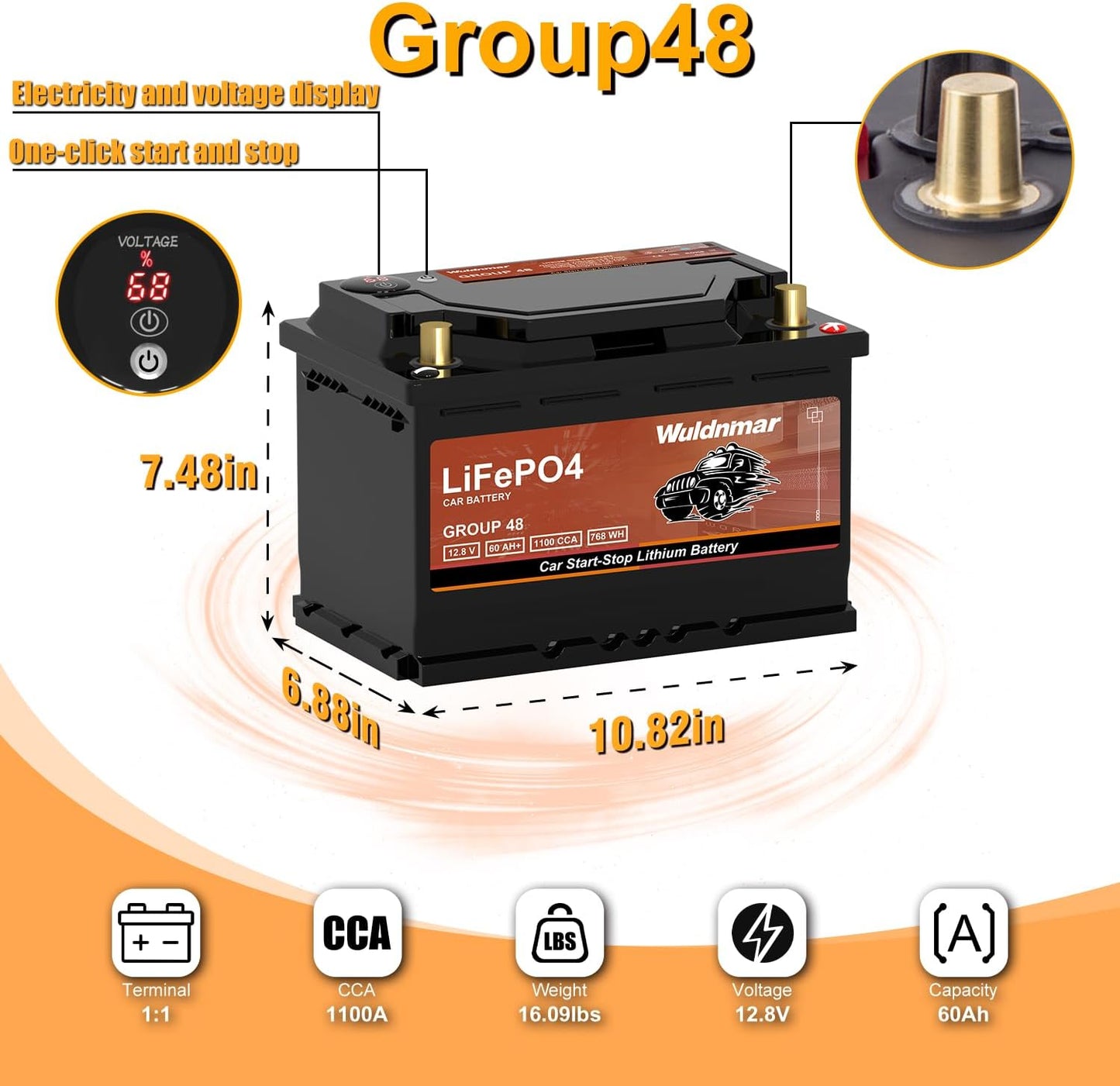LiFePO4 Lithium Start-Stop Car Battery - 12V 60Ah, Fast Charging, Reliable Power for Modern Vehicles