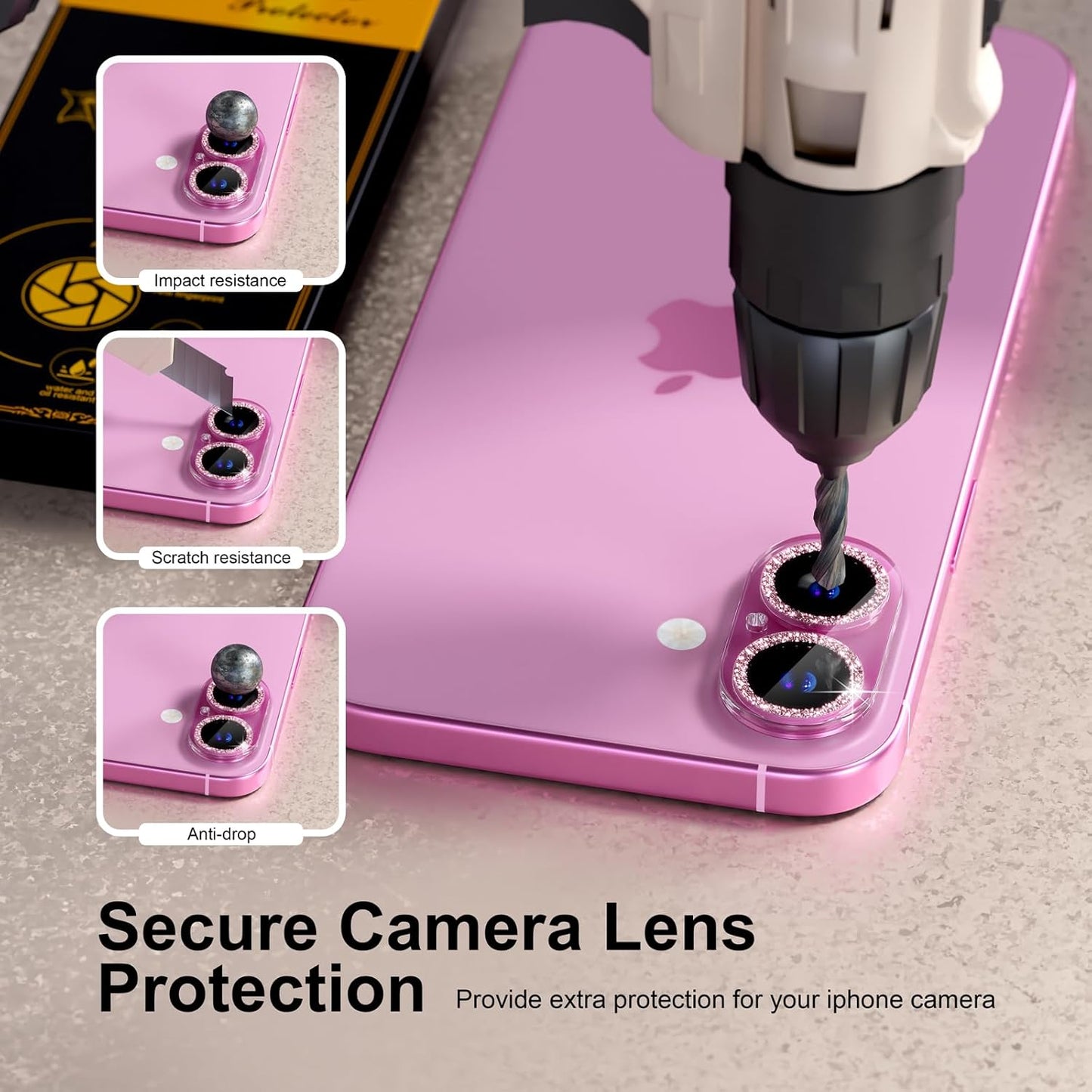 beuxece for 6 Pack iPhone 16 / iPhone 16 Plus Camera Lens Protector [Drop Protection] [Case Friendly] [Easy Installation] 9H Tempered Glass Camera Screen Protector Cover Accessories, Glitter Pink