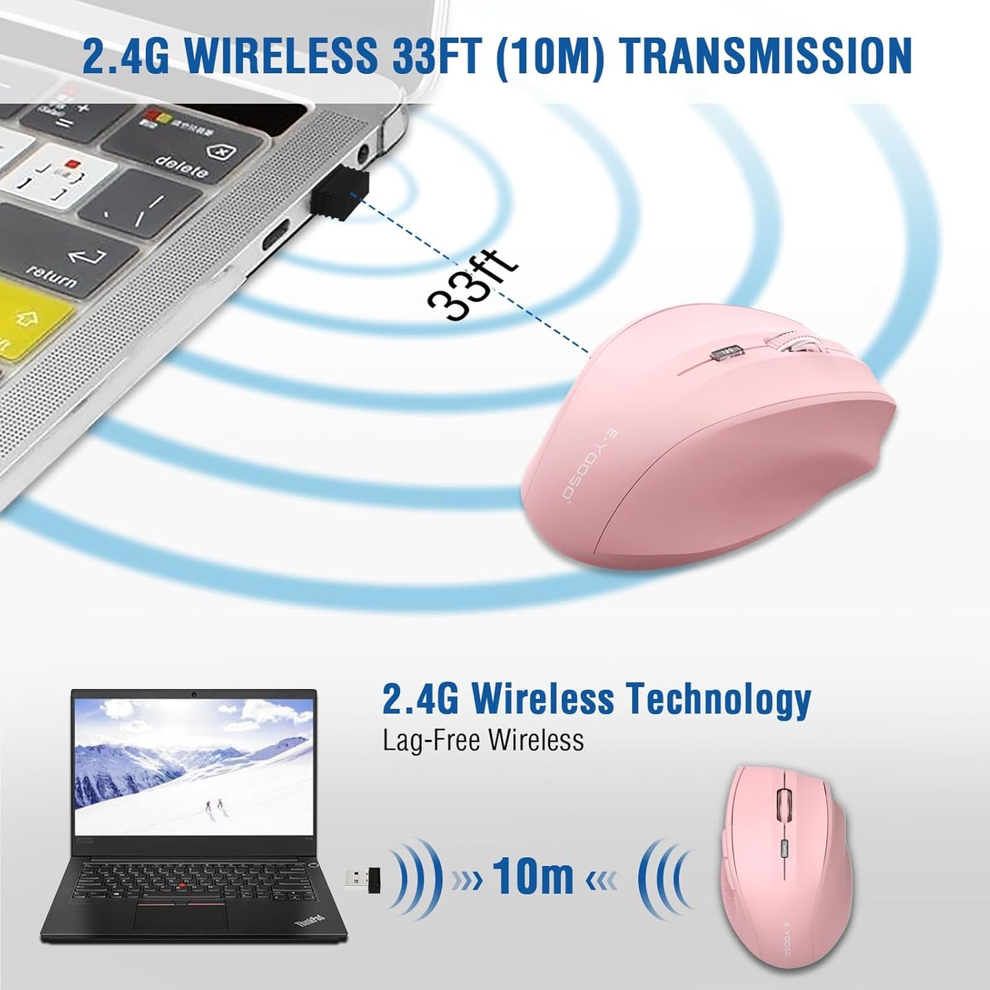E-YOOSO Wireless Mouse for Laptop, Portable Optical Computer Mouse, 6 Buttons, Cordless 2.4GHz with USB Receiver, 5-Level 4800 DPI, 18 Months Battery Life, for PC, Chromebook, Windows, Mac(Pink)