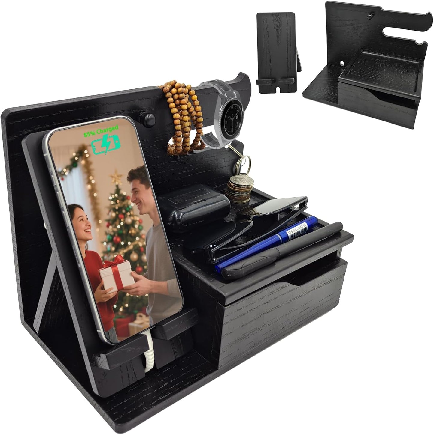 3-in-1 Wood Phone Docking Station Organizer with Drawer & Hidden Charging Hole for Phone, Keys, Glasses & Accessories, for Men (Black, 01)