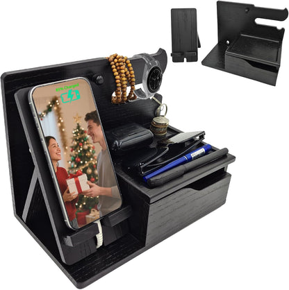 3-in-1 Wood Phone Docking Station Organizer with Drawer & Hidden Charging Hole for Phone, Keys, Glasses & Accessories, for Men (Black, 01)