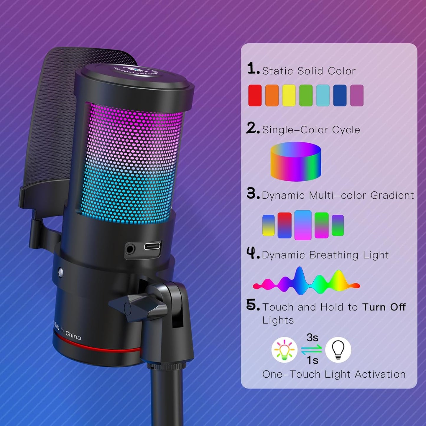 ZealSound Gaming USB Microphone,Noise Cancellation Condenser mic with RGB Light,Touch Mute,Gain,Monitoring for Streaming, Podcast, Twitch, YouTube, Discord, iPhone, iPad,PC,Computer,PS4,PS5,Mac
