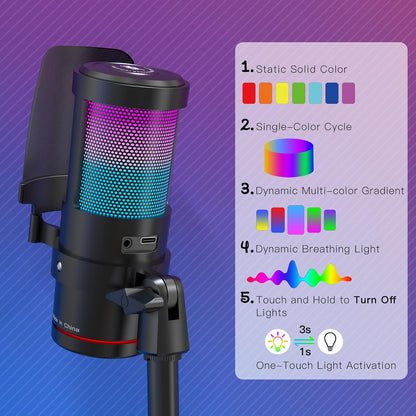 ZealSound Gaming USB Microphone,Noise Cancellation Condenser mic with RGB Light,Touch Mute,Gain,Monitoring for Streaming, Podcast, Twitch, YouTube, Discord, iPhone, iPad,PC,Computer,PS4,PS5,Mac