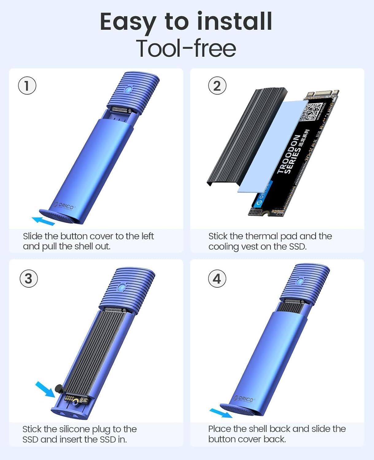 ORICO M.2 NVMe SATA SSD Enclosure Adapter Tool-Free, USB C 3.2 Gen 2 10Gbps NVMe, 5Gbps NGFF SATA PCIe M-Key(B+M Key) 2230/2242/2260/2280, Aluminum External M2 Reader Support UASP Trim- PWDM2-BL