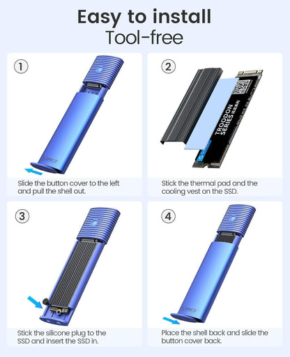 ORICO M.2 NVMe SATA SSD Enclosure Adapter Tool-Free, USB C 3.2 Gen 2 10Gbps NVMe, 5Gbps NGFF SATA PCIe M-Key(B+M Key) 2230/2242/2260/2280, Aluminum External M2 Reader Support UASP Trim- PWDM2-BL
