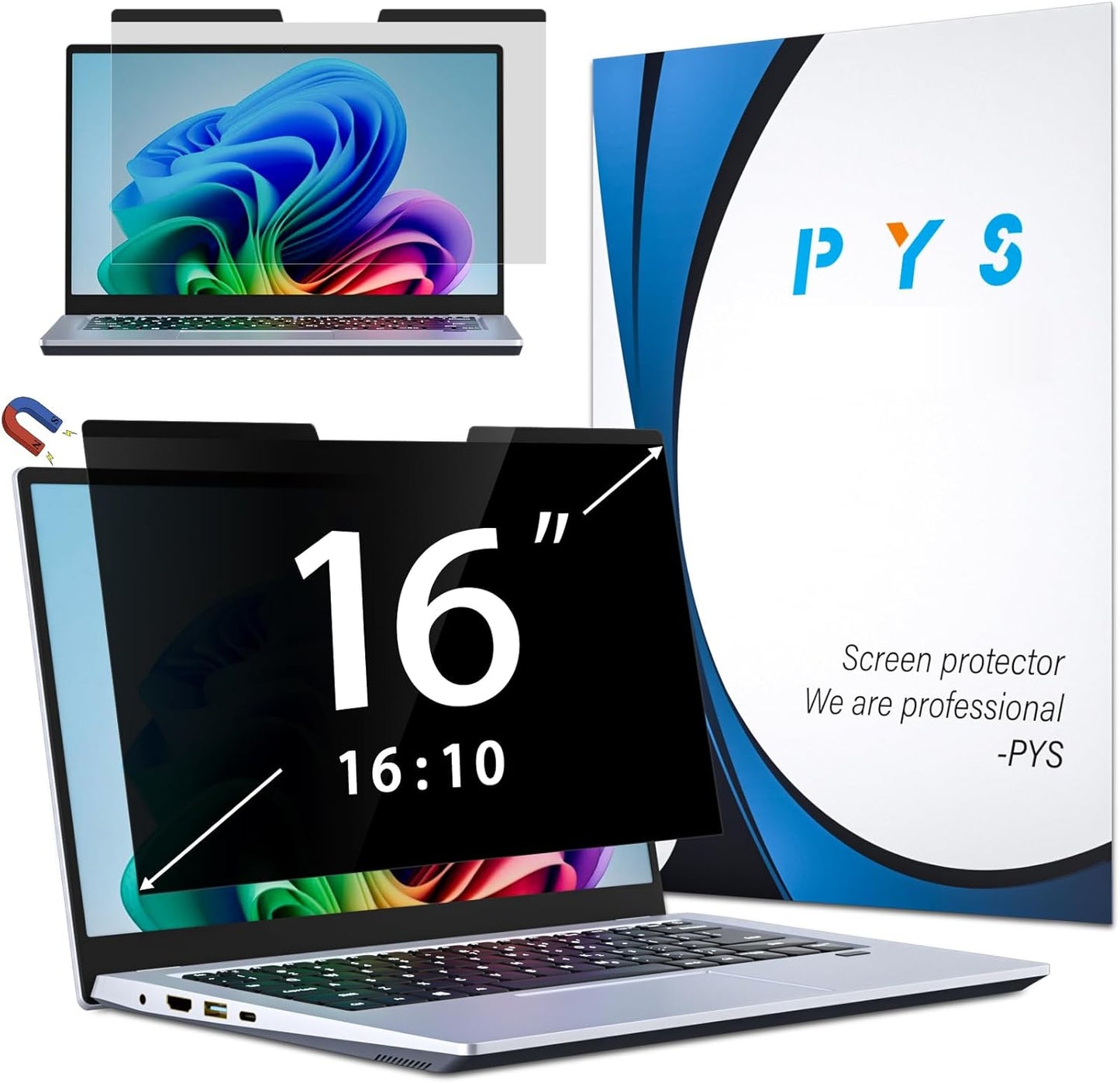 PYS Magnetic Laptop Privacy Screen 16 Inch 16:10 Ratio - Computer Monitor Screen Privacy Shield, Anti-Glare Blue Light Filter, Detachable Privacy Screen Protector for Lenovo, Hp Envy, Dell