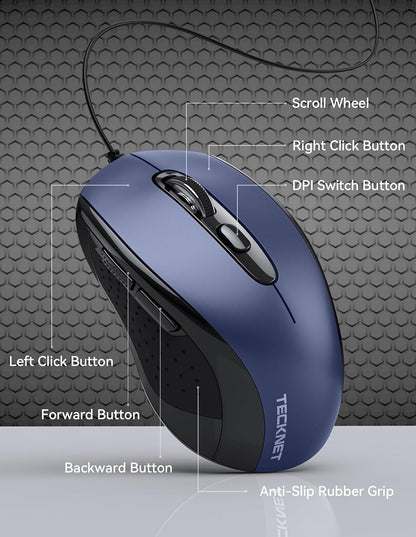 TECKNET USB Wired Mouse, 3600DPI Corded Computer Mouse with 4 Adjustable Levels, 6-Button 5FT Cord Ergonomic Mice, Home and Office Mouse for Laptop PC Desktop Notebook - Blue