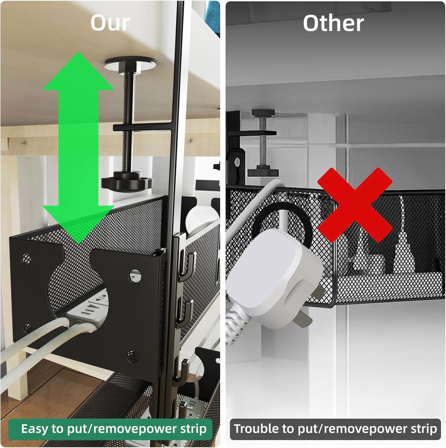 Multi-Model Under Desk Cable Management Tray 2 Packs Metal Under Desk Wire Management Clamp Mount Under Table Cord Management No Damage The Desk (Black)