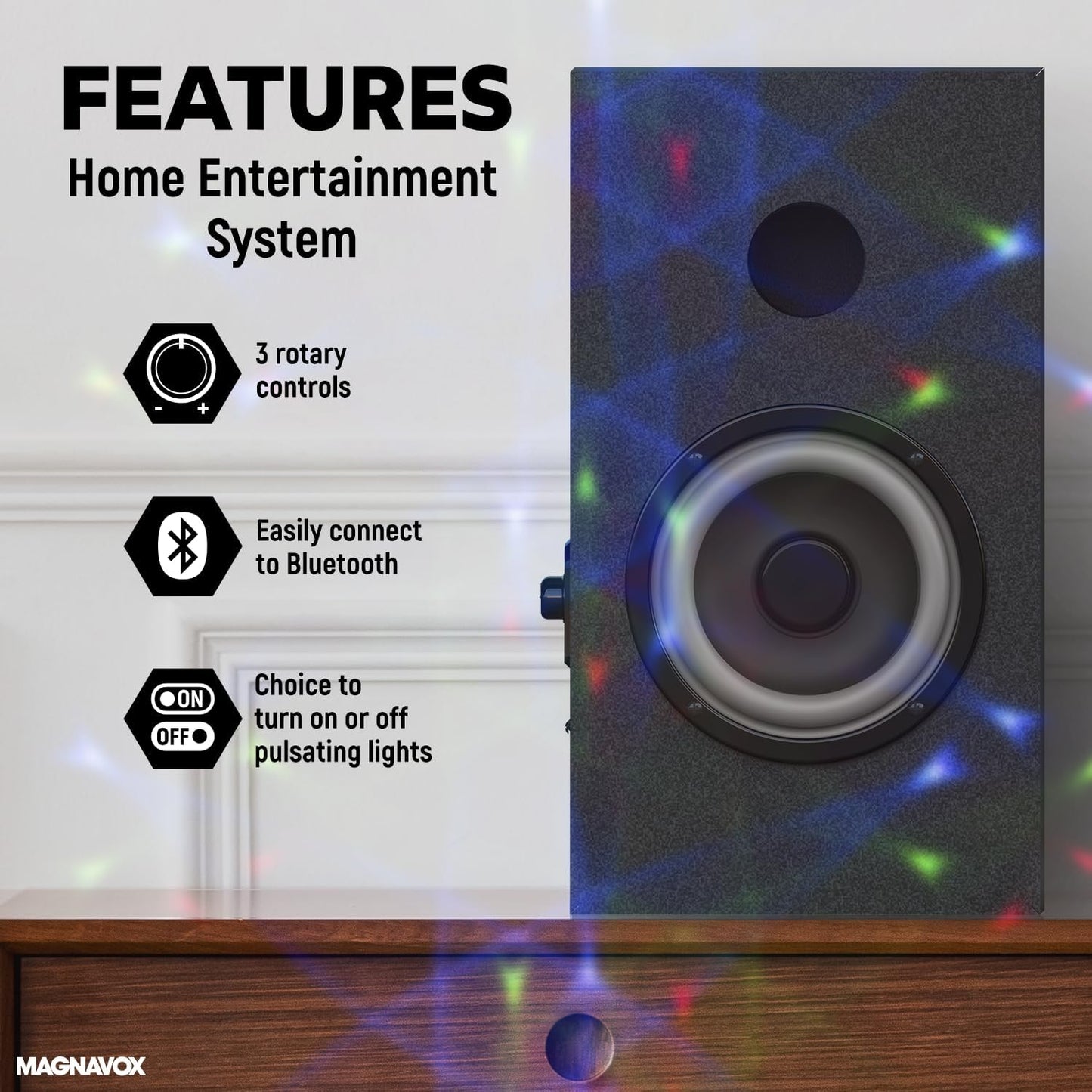 Magnavox MHT990 2.1 Home Entertainment System with Bluetooth Wireless Technology and Color Changing Lights in Black | AUX Port | Subwoofer with 2 Speakers | Pulsing Lights |
