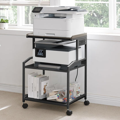Lauren&Harold 34'' Printer Stand with Power Outlets & USB Ports, 3-Tier Adjustable Rolling Cart, Heavy Duty 150LBS Storage Table with Wheels for Office, Kitchen, Living Room, Black
